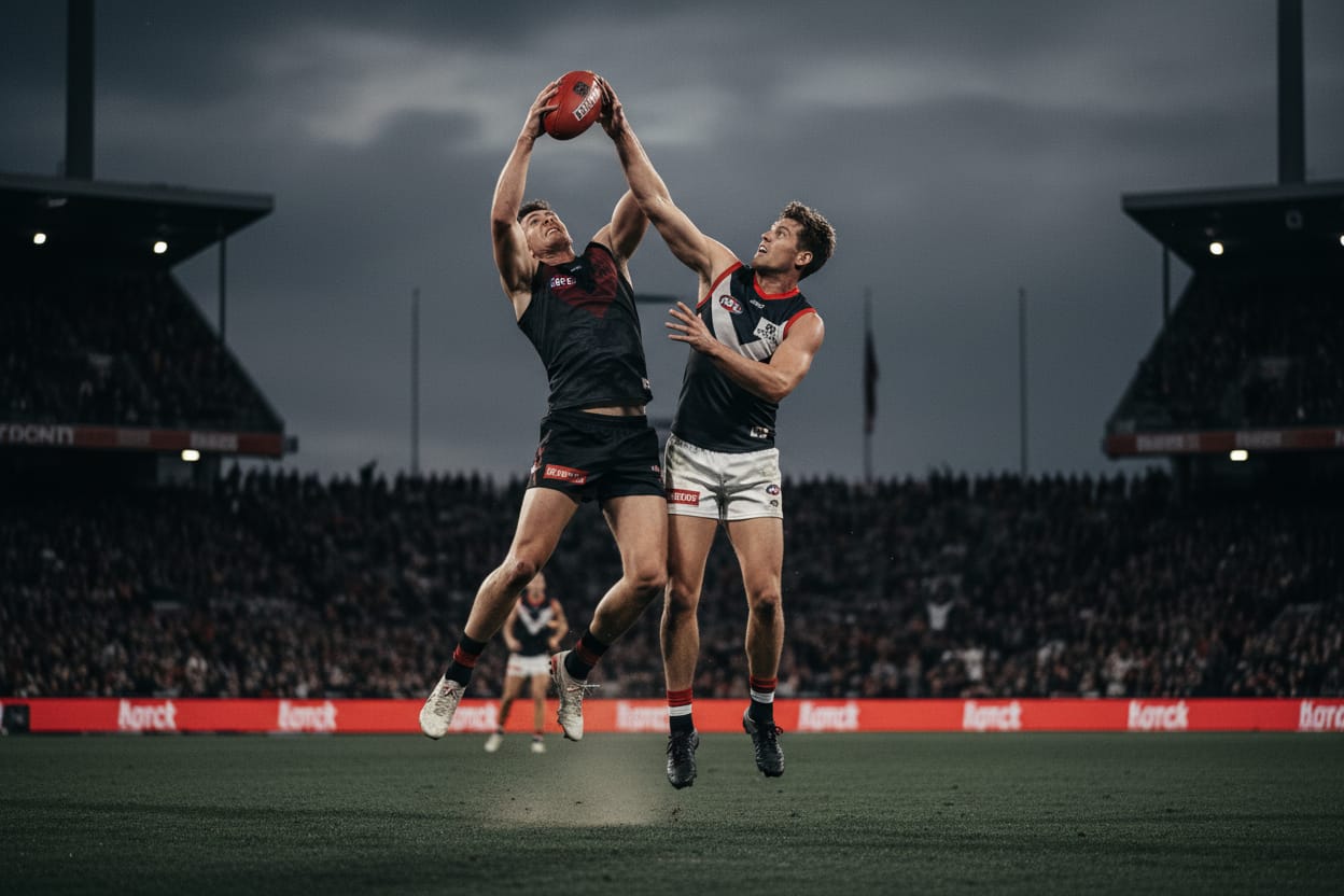 AFL players contesting the ball during an evening match