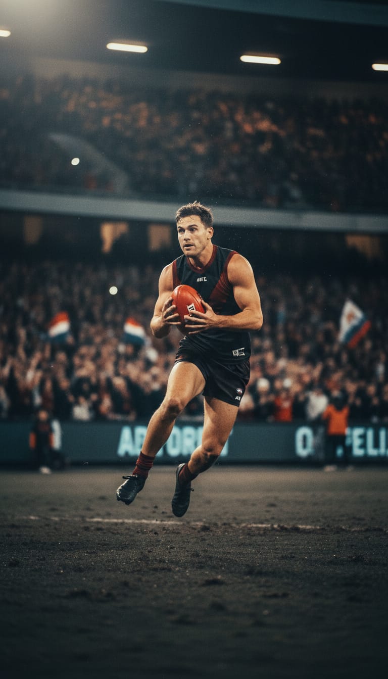 Australian rules footballer running with the ball under stadium floodlights