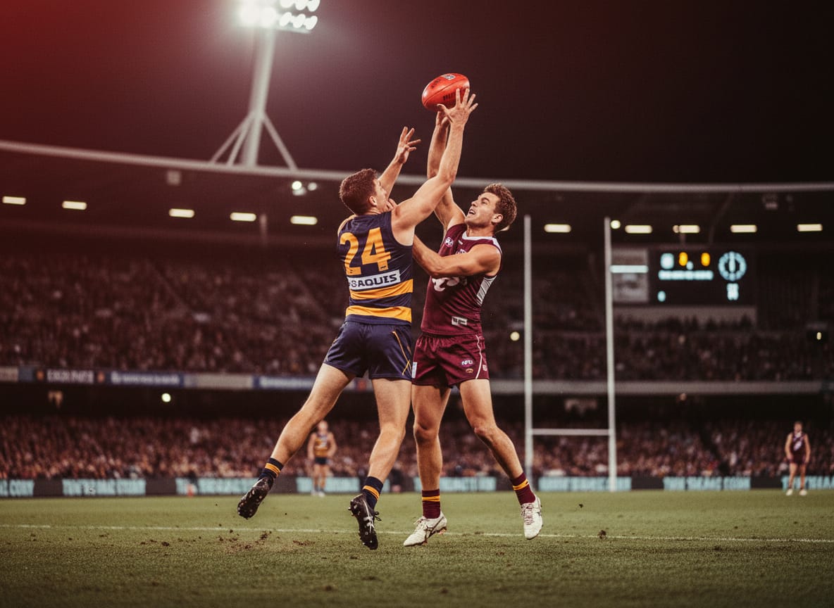 Australian rules footballers contesting the ball at night