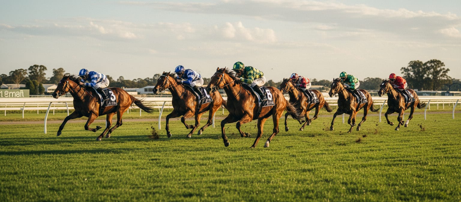 Thoroughbreds racing on turf at an Australian racecourse