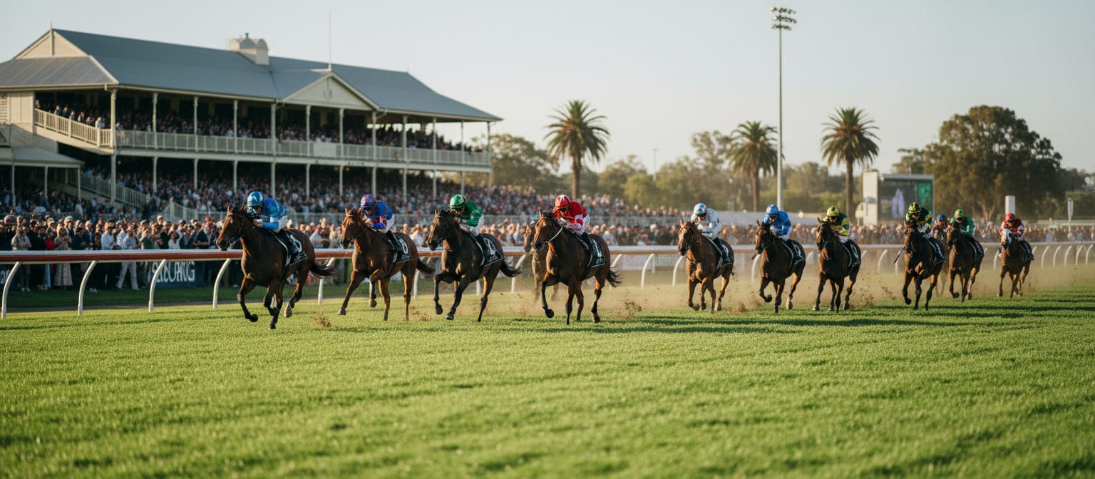 Thoroughbreds racing down the straight at an Australian racecourse