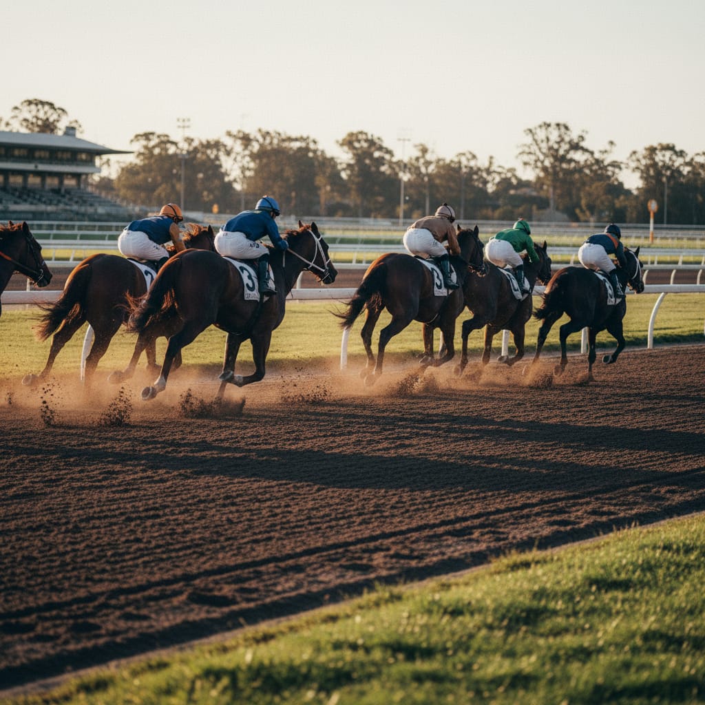Thoroughbreds and jockeys accelerating out of a turn at an Australian racecourse